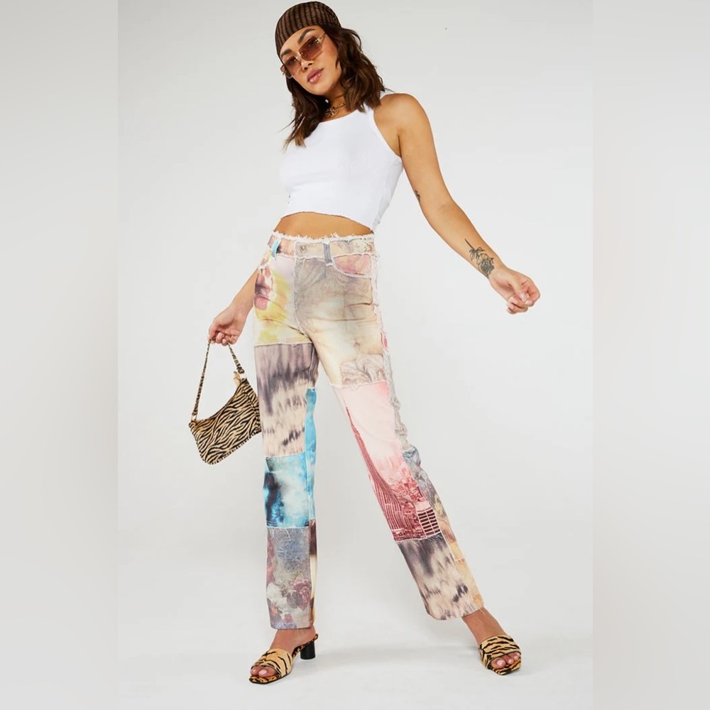 Jaded London Patchwork Statue Print Boyfriend Jeans